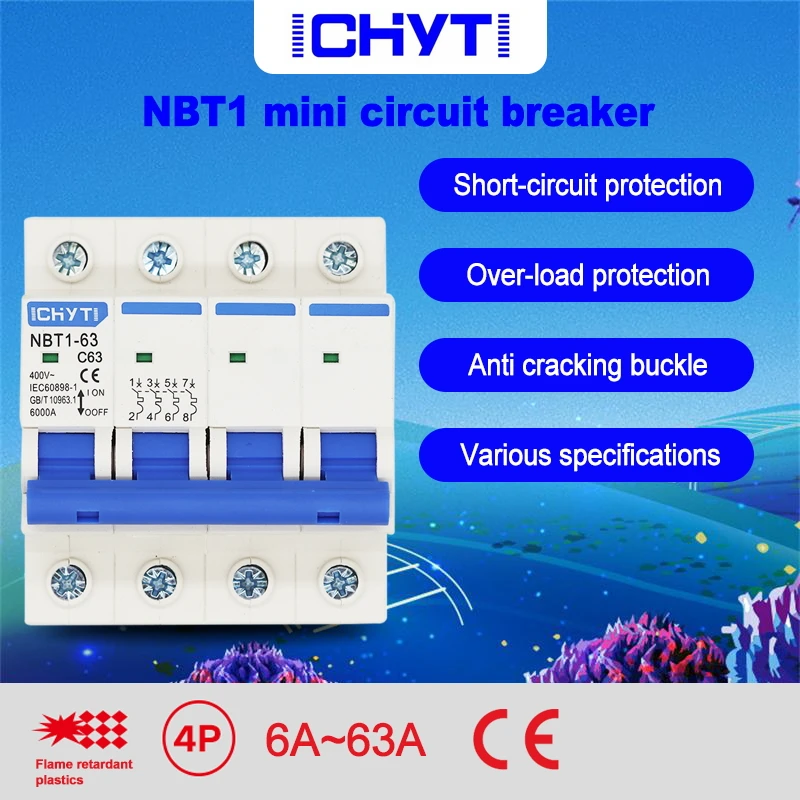 Бытовой миниатюрный автоматический выключатель C type AC MCB NBT1-63 4P 6A 10A 16A 20A 25A 32A 40A 50A 63A