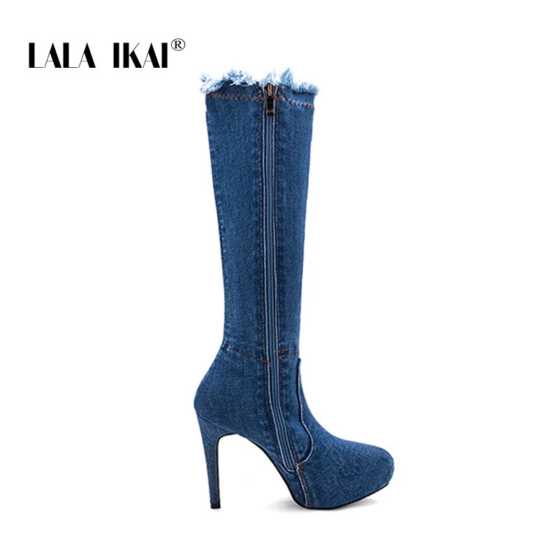 

LALA IKAI Women Sexy Party Knee Boot Denim Zipper Super High Heels Pumps Female Autumn Winter Pointed Toe Riding Boots XWC5399-4