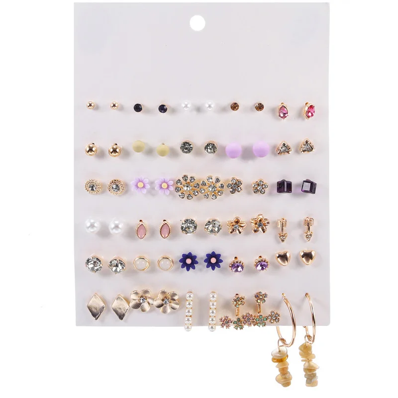 Набор серег-гвоздиков kpop 30 пар/компл. серебристого цвета из сплава с кристаллами