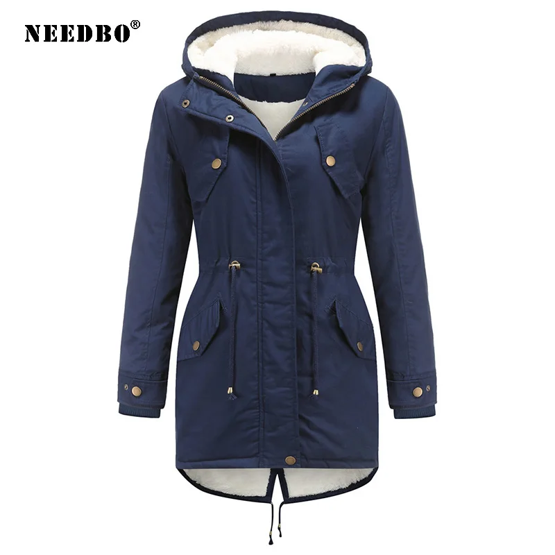 NEEDBO зимняя одежда Женское пальто одноцветное с капюшоном на завязках талии