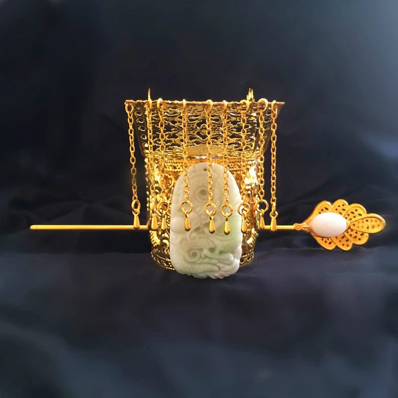 

Ancient Emperor Jade Brass Crowns Chinese Cosplay Marriage Emperor Crown Men Film TV Headwear