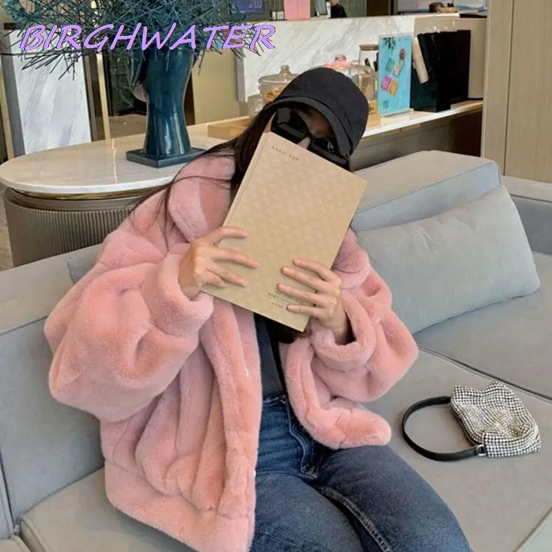 Korean Mink Fur Coats Womens Fashion Casual Solid Turndown Collar Short Faux Fur Jackets Winter Loose Warm Coat Female