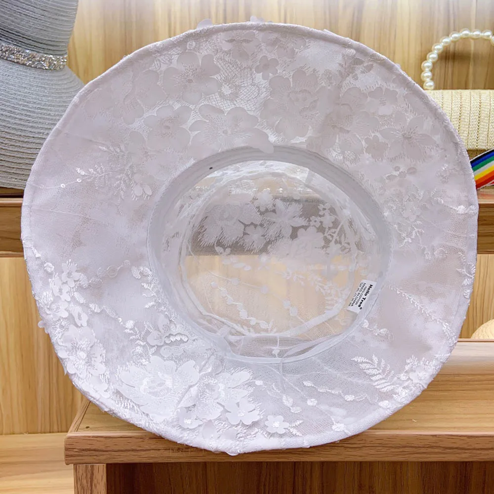 Женская кружевная шляпа Smmer с широкими полями белая Складная Солнцезащитная UV50