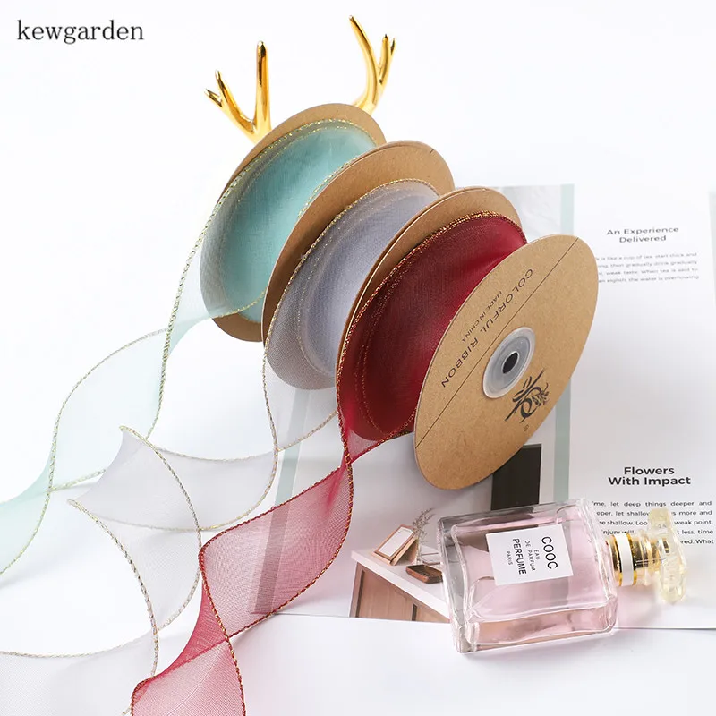 Kewgarden 55 мм 2-Дюймовая волнистая лента из органзы с золотыми краями вручную
