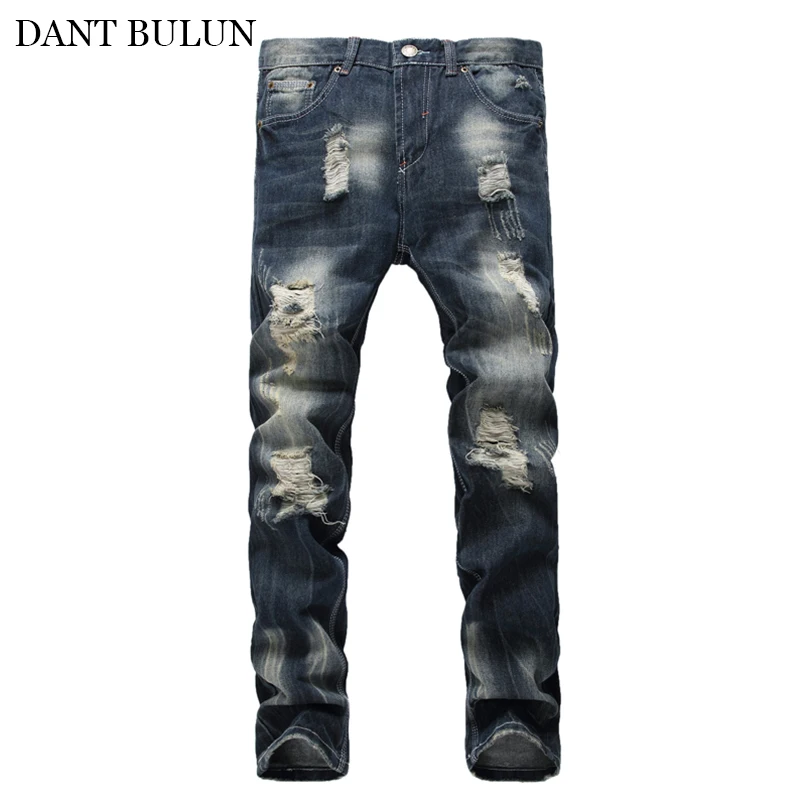 DANTBULUN Male Jeans For Men Straight Pants Slim With Ripped Scratched Pants Retro Navy Blue Denim Designer Trousers Casual Jean