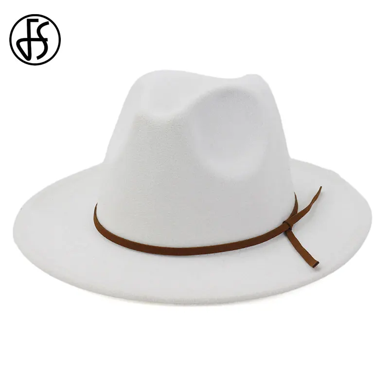 

FS Wide Brim Fedora Hats For Women Winter Fashion Wool Hat Men Black Jazz Caps With Thin Belt Gentleman Elegant Chapeau Femme