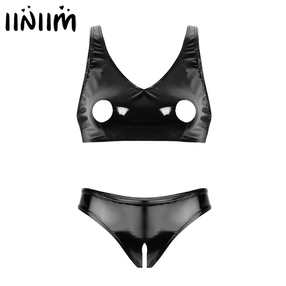 

Womens Wetlook Leather Exotic Lingerie Set Open Nipples Hole Bra Top with Low Rise Open Crotch Mini Briefs Crotchless Underwear
