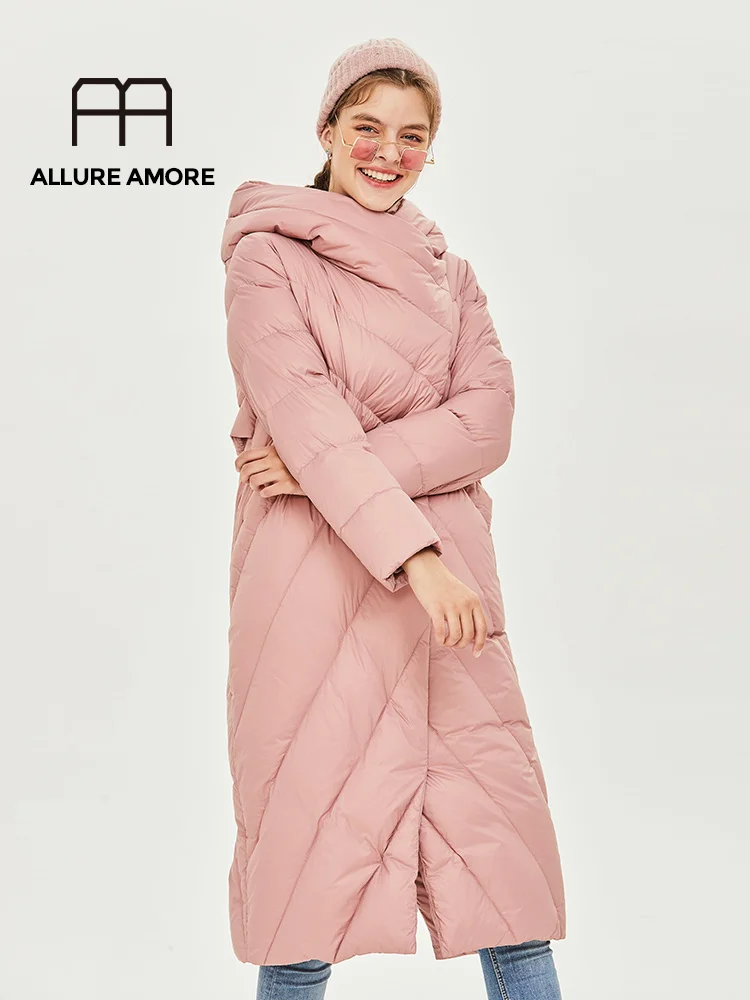 ALLUREAMORE, 90% белый пуховик на утином пуху, женское плотное длинное зимнее пальто, Женское пальто с капюшоном, Корейская женская пуховая куртка, Doudoune Femme - Цвет: MistyRose