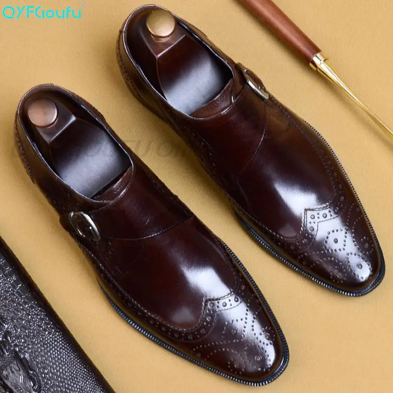 

QYFCIOUFU Monk Strap Men Dress Shoes Classic Brogue Oxford Shoes British Style Genuine Leather Soft Flats Wedding Formal US 11.5