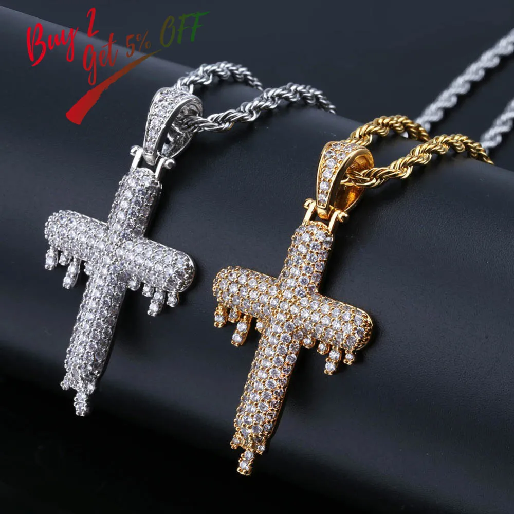TOPGRILLZ Men's Hip Hop Religious Drop Cross Pendant Necklace Gold Silver Color Cubic Zircon Jewelry Necklaces Gifts Rope Chain |