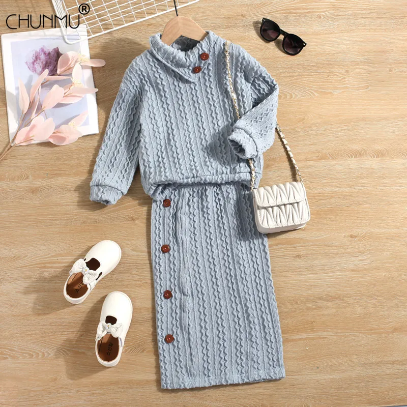 

Girls' Spring Autumn Set Western Style Girls' Jacquard Pullover + Skirt Two-piece Suit Knitted Long Sleeve Children Clothing