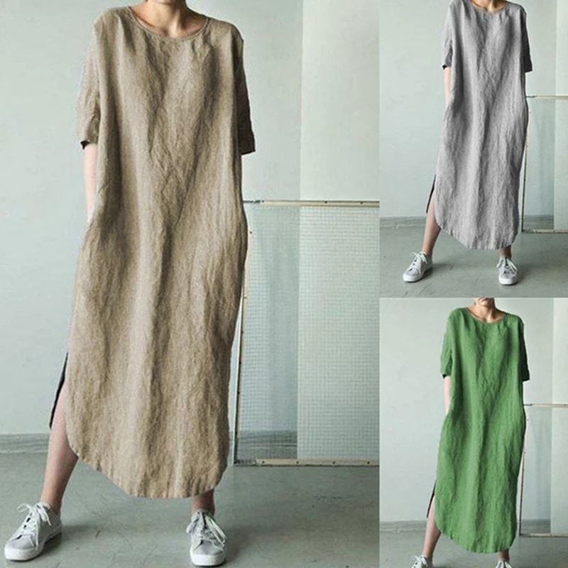 

Linen Women Dress Summer Long Maxi Casual Wear Oversized Dress 5xl Flax Sukienka 2021 Irregular Hem Open Side Dress Round Neck