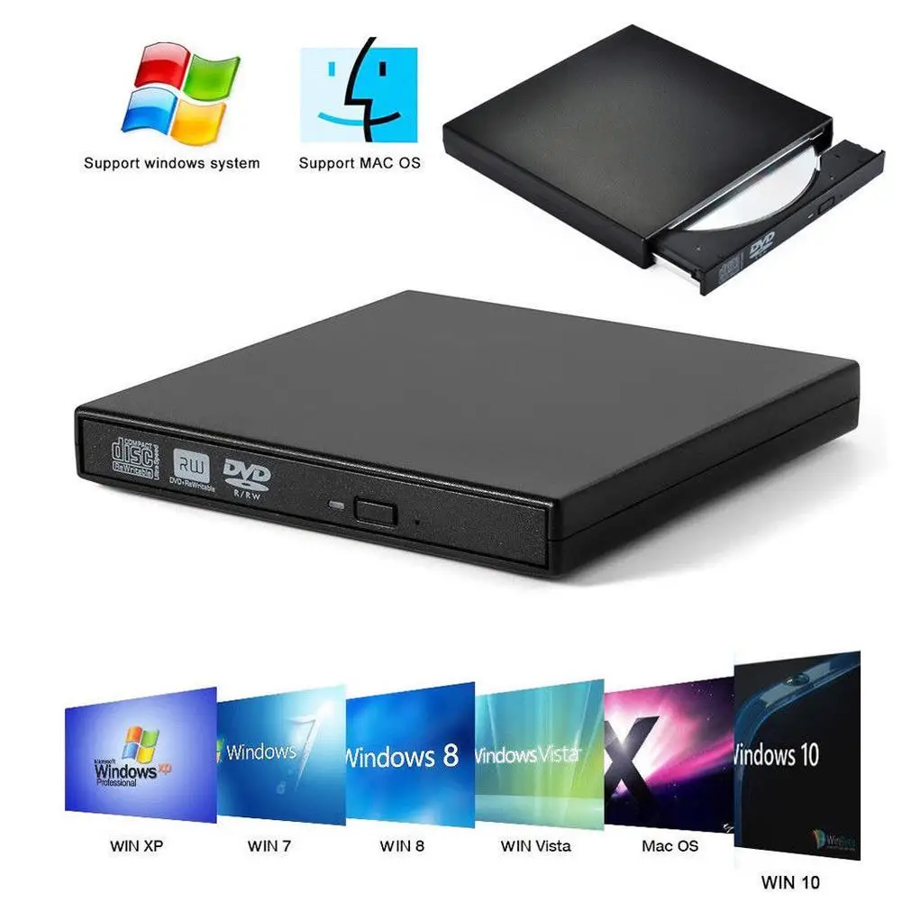 Тонкий портативный USB 2 0 Внешний оптический DVD/CD-RW устройство записи с USB-кабелем