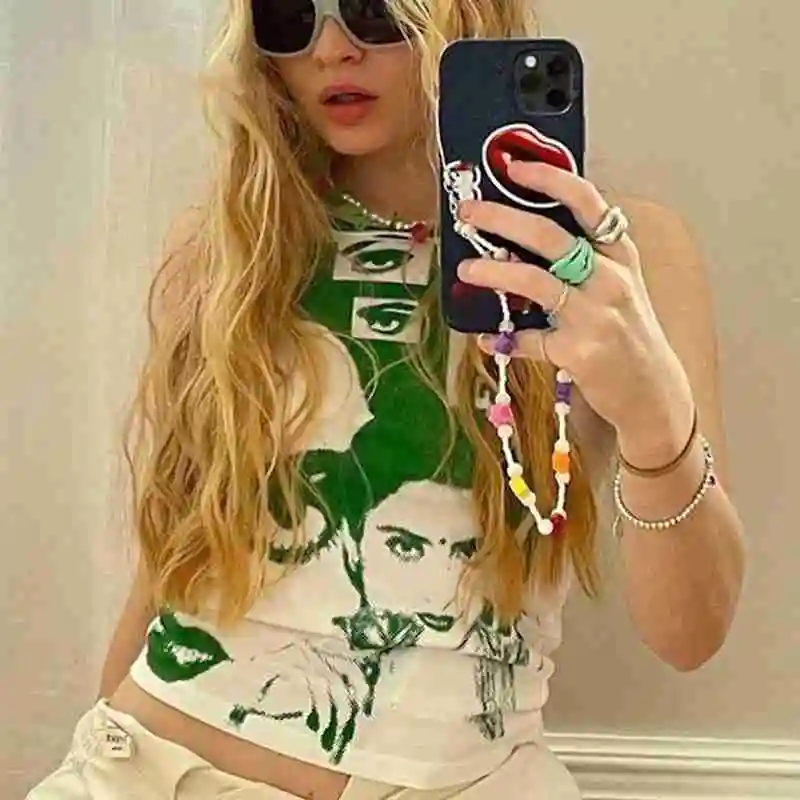 

Sleeveless White Top Portrait Graphic Fashion Streetwear Summer Clothes Women Tie Dye Green Print Tank Crop Tops
