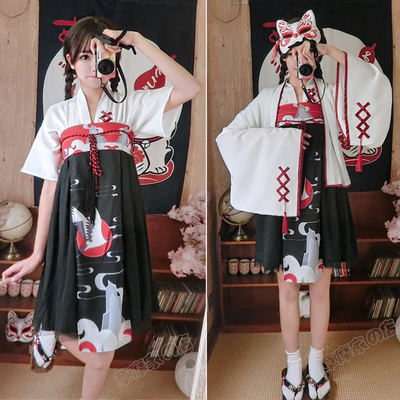 Japanese Dress Kimono Woman Black White Crane Print Sweet Vintage Asian Clothing Yukata Haori Cosplay Harajuku Kimonos FF2362 |