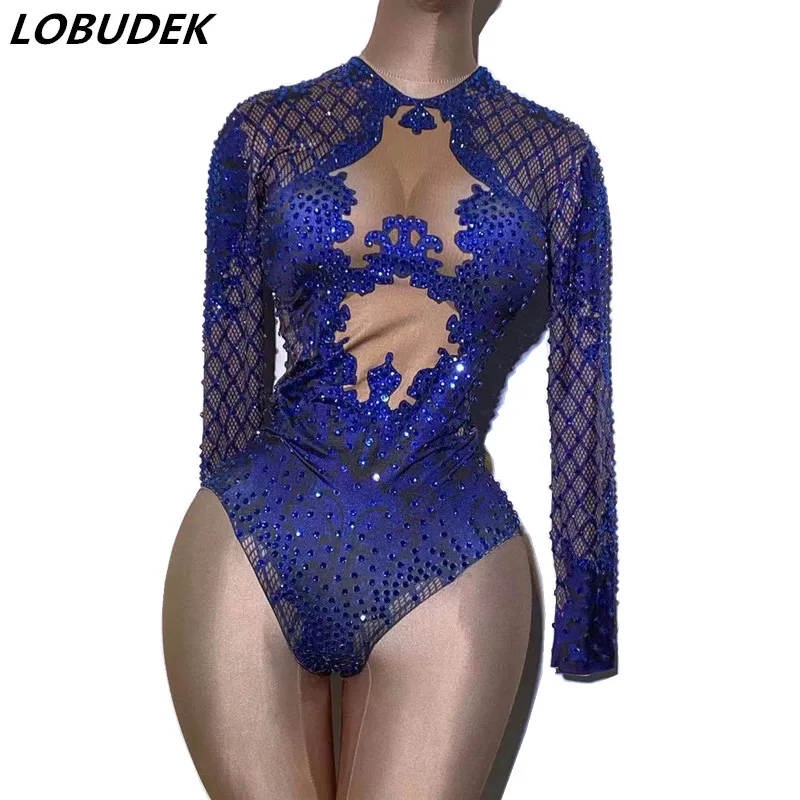 

Vintage Printed Blue Rhinestones Bodysuit Long Sleeve Skinny Acrobatic Performance Leotard Bar Nightclub DJ Pole Dancing Costume