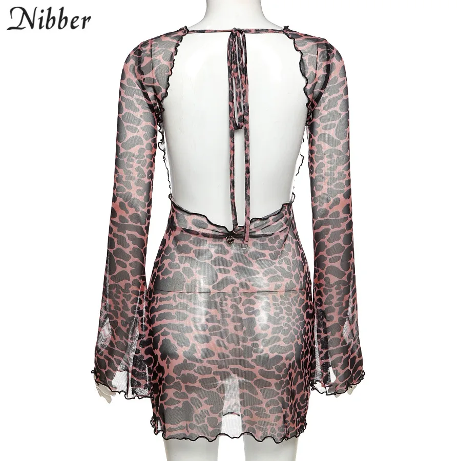 

MDNG Party Night Sexy Leopard Backless See-ThroughClubwear Women Clothing Flared Sleeves Lace Up Bodycon Mini Street Dresses