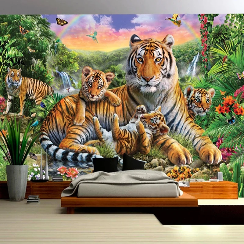 Настенные 3D обои с изображением тропических лесов животных тигра растений леса