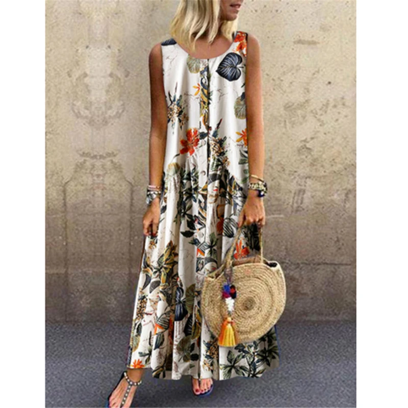 

2019 Plus Size Summer Women Casual Sleeveless Vintage Boho Floral Print Single Breasted Loose Party Long Shirt Dress Vestidos