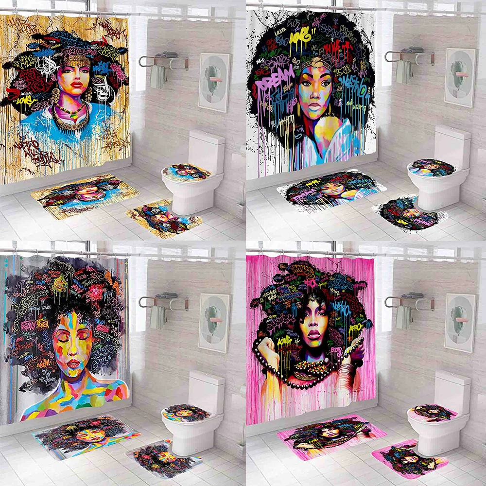 Комплект занавески для душа в афроамериканском стиле с граффити девушек и женщин