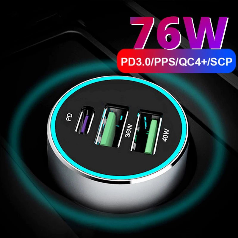 

Автомобильное зарядное устройство PPS QC PD 3,0, 76 Вт, 3 порта USB Type-C