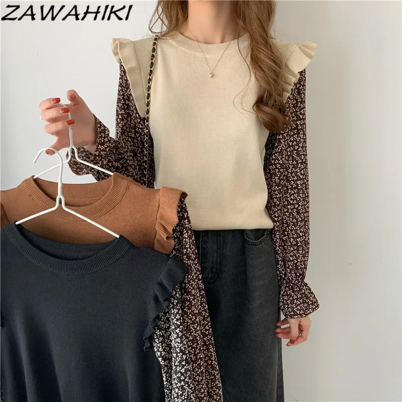 

ZAWAHIKI Patchwork Fake Two Piece Floral O Neck Sweaters Women Autumn New Style Flare Long Sleeve Ruffles Loose All-match Tops