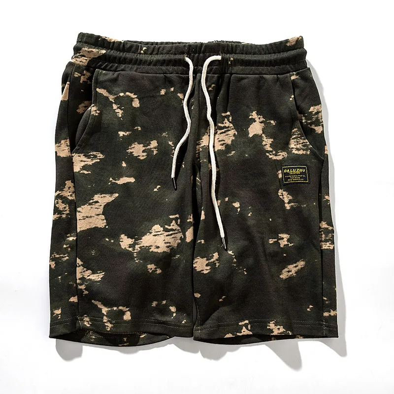 

Summer new loose knitted camo casual shorts men's polyester cotton casual shorts regular pockets knee length