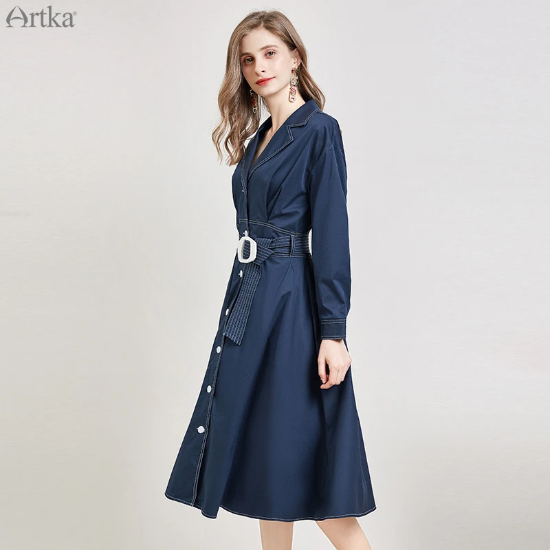 ARTKA осенний Женский Тренч модное длинное пальто с отложным воротником с поясом однобортное пальто для женщин LA11099C