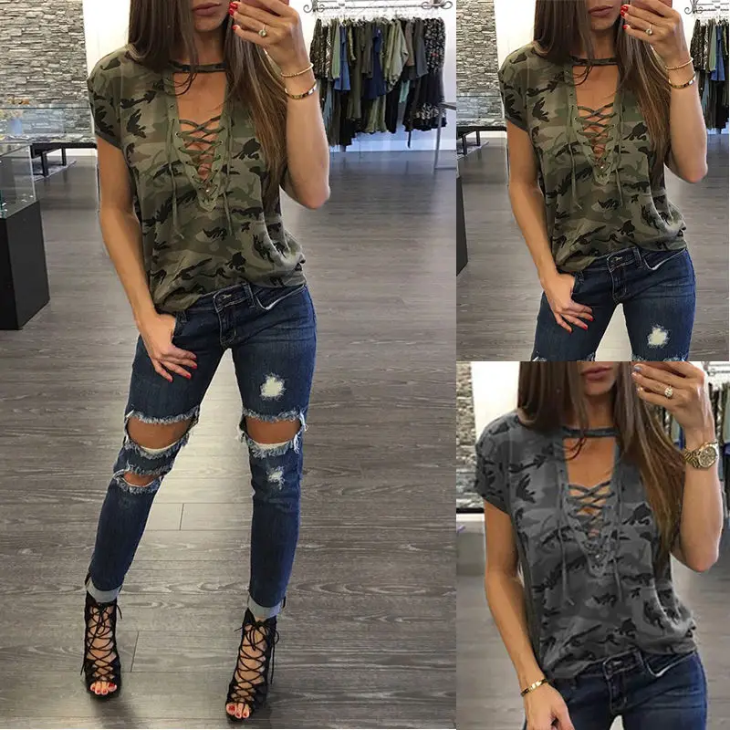 

New Fashion Women Ladies Short Sleeve Camouflage Loose Blouse Summer Lace Up Casual Blouses Shirts Tops