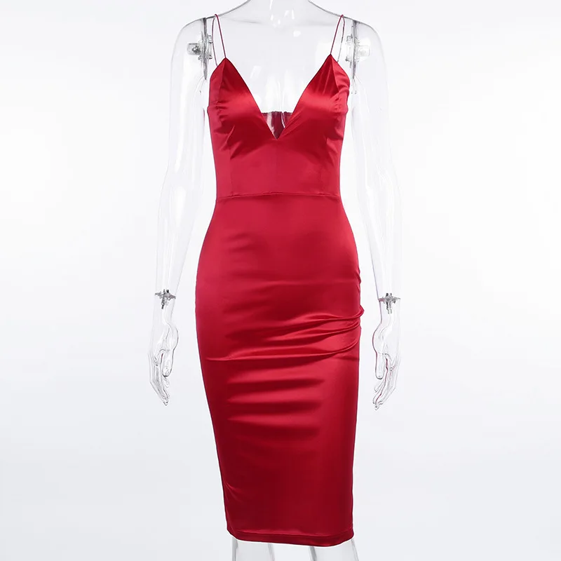

Summer Sling Dresses for Women Party Elegant V Neck Sexy Sleeveless Backless Split Club Midi Dress Red Black Satin Silky 2021
