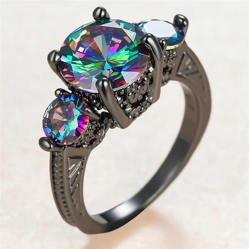 

Female Rainbow Crystal Stone Ring Charm 14KT Black Gold Wedding Rings For Women Luxury Bride Round Zircon Engagement Ring