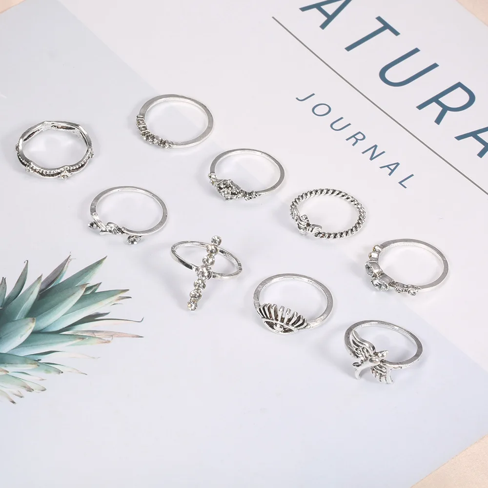 9Pcs/Set Vintage Bee Swallow Ring Set With Stone Silver Color Phalanx Women's Rings Boho 2020 Trend Midi Knuckle Gift Jewelry |