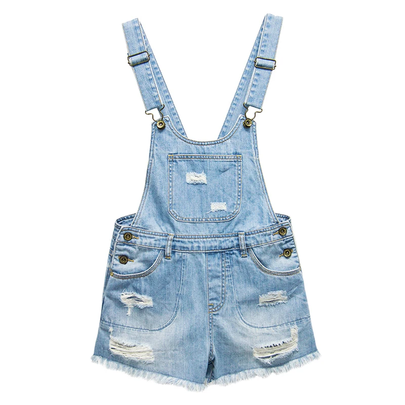 

Summer wear ripped short jean suspenders light color high waist loose students wear torn fringe edge suspenders women