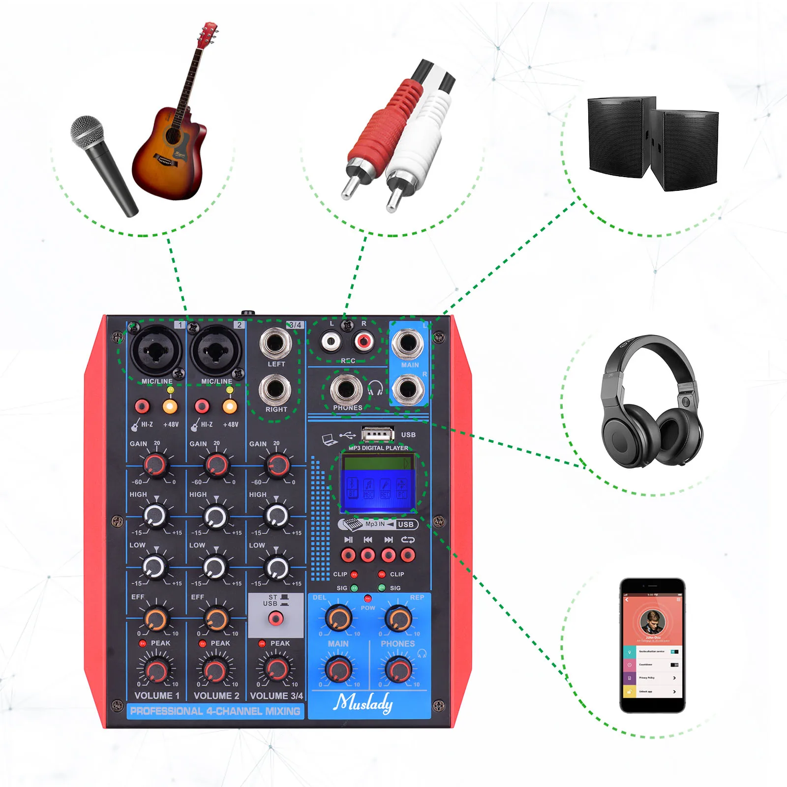 Muslady AG-4 Portable 4-Channel Mixing Console Digital Audio Mixer +48V Phantom Power Supports BT/USB/MP3 Connection |