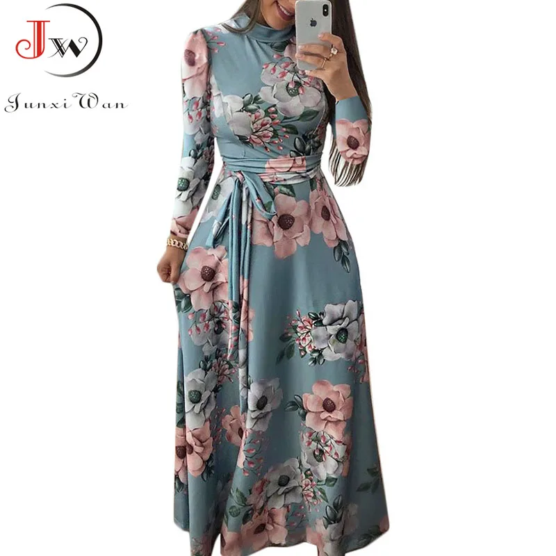 

Women Summer Long Dress 2021 Casual Long Sleeve Boho Floral Print Maxi Dress Turtleneck Bandage Elegant Party Dresses Vestidos