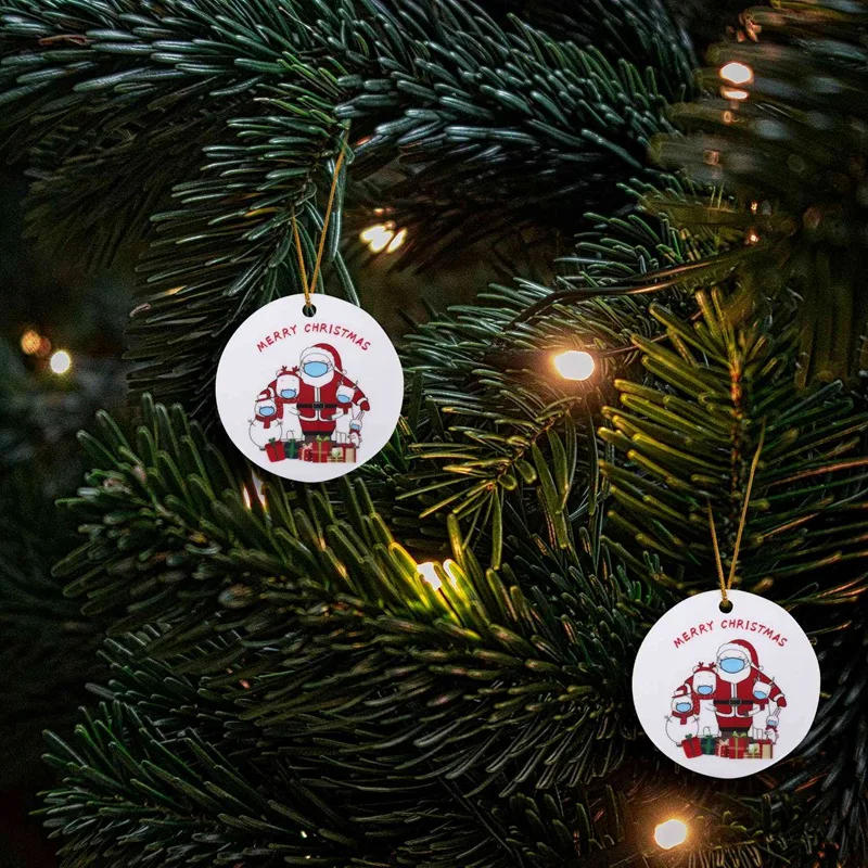

2Pcs Christmas Tree Ornaments Round Double-Sided Printing Ceramic Santa Claus Holiday Decorations