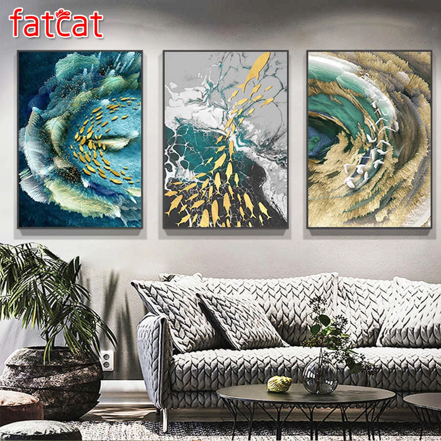

FATCAT 5D Diy Diamond Painting Abstract landscape Triptych full square round drill mosaic diamond Embroidery Decoration AE1726