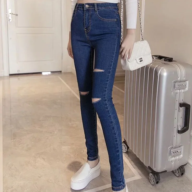 

Plus Size 40 Blue Skinny Stretch Ripped Jeans Women Fashion Slim Korean Denim Pencil Pants Streetwear Solid Trousers Female