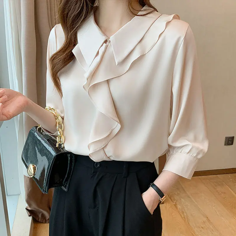 Женская шифоновая блузка с оборками Повседневная Свободная однотонная для
