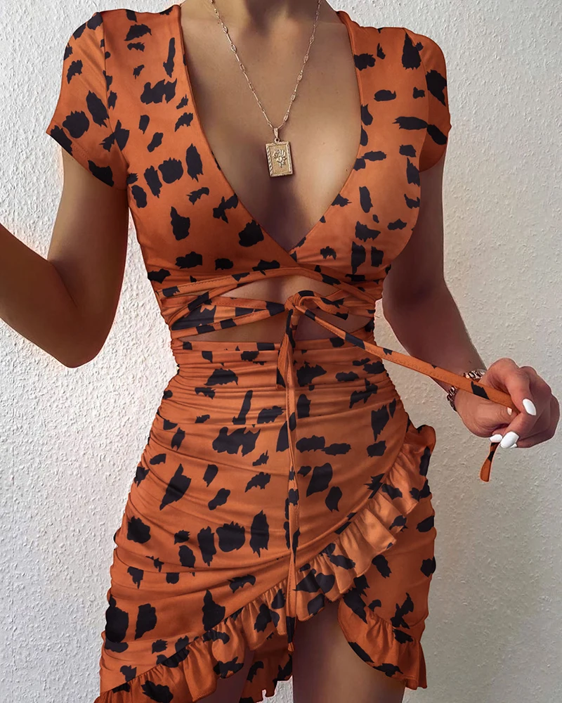 

Floral Print Fashion Tie Up Wrap Mini Dress 2021 Summer Holiday Ruffles Sundress Ruched Women's Dress Short Sleeve