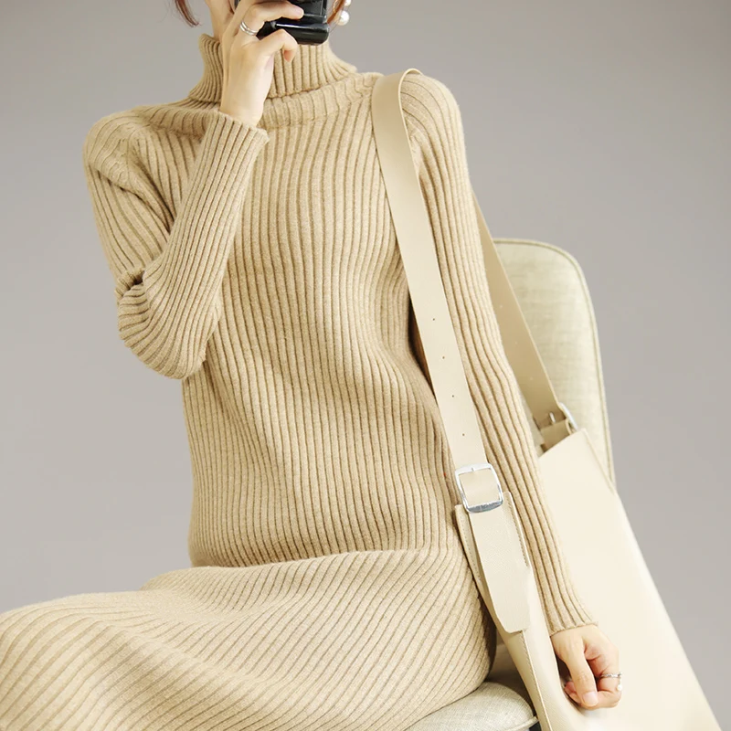 Wide strip long sweater skirt knit base thickening with coat 2019 autumn and winter models high collar elastic warm | Женская одежда