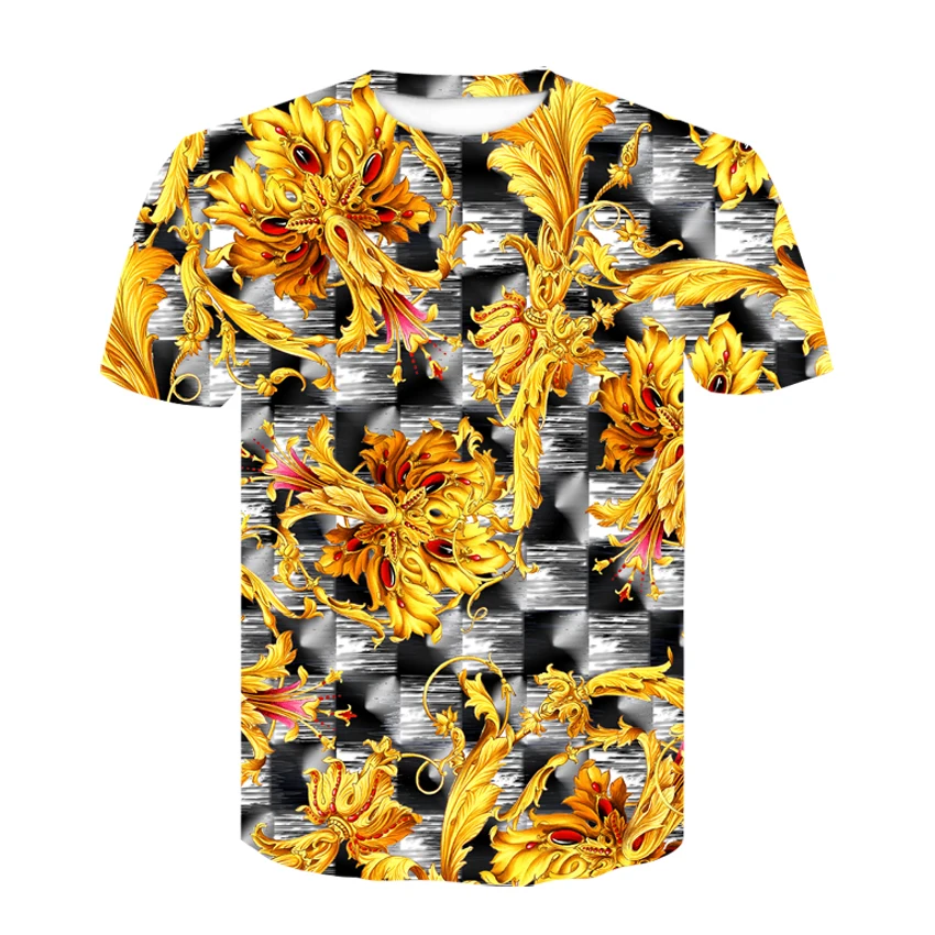 

3D Gold Chain Printed Baroque Brand T-shirt Men's Short Sleeve Summer Style Clothing Luxury Hip Hop Top 2021 New