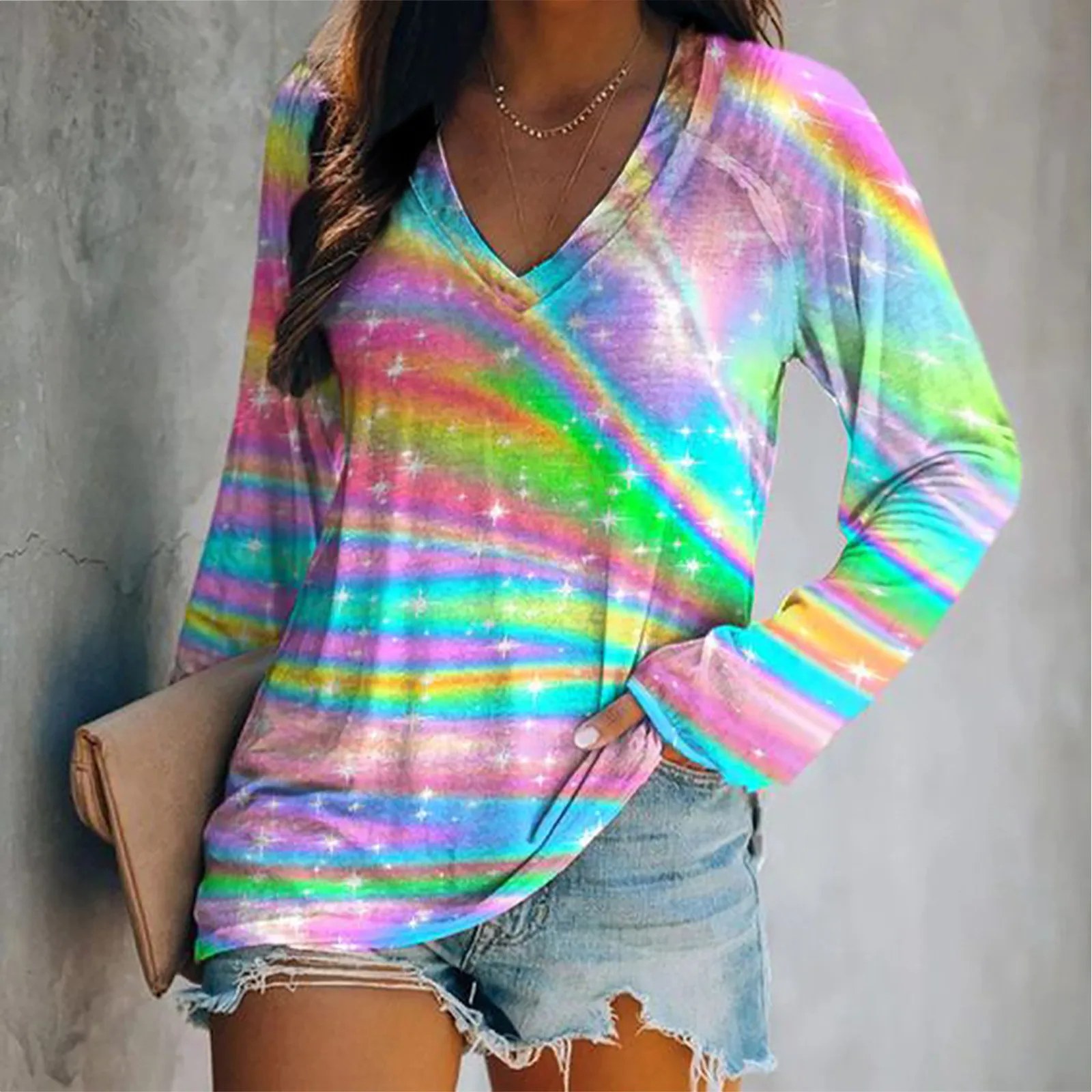 

Fashion Loose Sweatshirt Top Casual V-neck Long Sleeve T-shirt Autumn Tie Dye Print Christmas Loose Top Sweatshirt Ropa Mujer