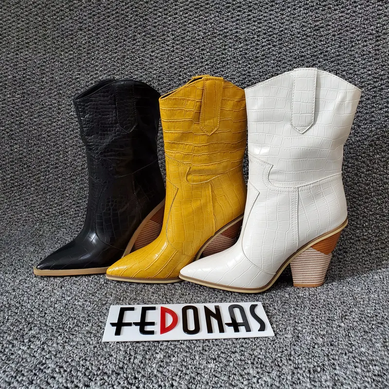 FEDONAS/короткие женские ботинки в западном стиле; вечерние туфли для танцев; женские кожаные ботильоны на не сужающемся книзу массивном каблуке; зимние теплые ботинки; большие размеры