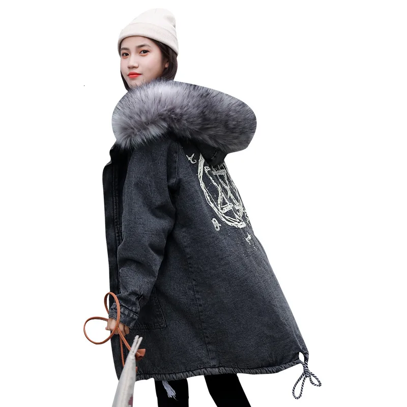 Женская одежда из хлопка большой размер свободный меховой воротник джинсовая