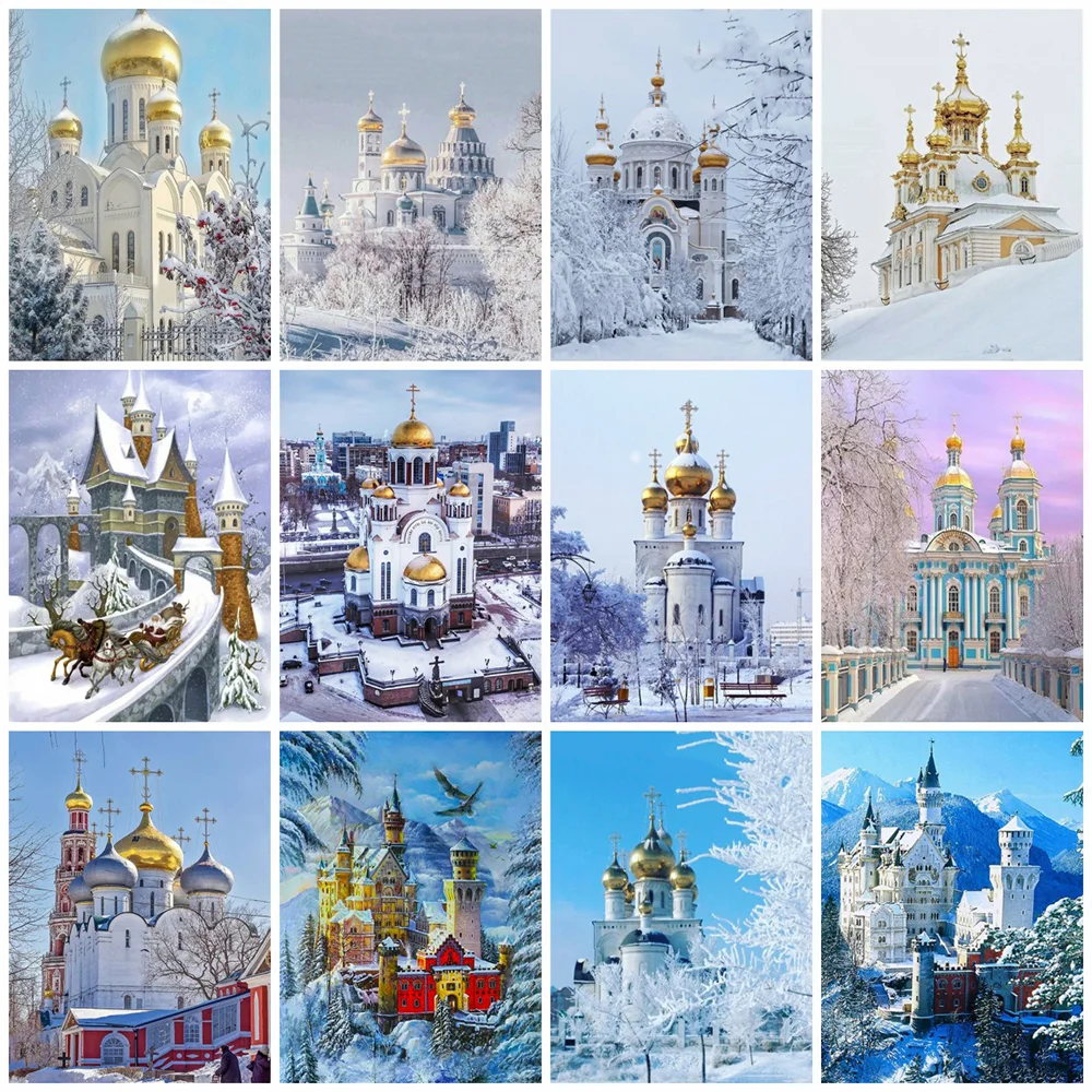 

HUACAN DIY Алмазная мозаика Замок Пейзаж 5D алмазная живопись зимняя полная вышивка комплекты, украшение для дома