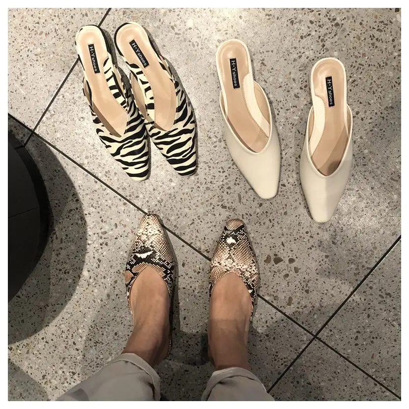 

New Brand Slippers Women Square Toe Slip On Mules Shoes Fashion Zebra Snake Pattern Low Heel Ladies Slides Female Spring Loafers