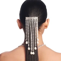 luxury rhinesotne ponytail long tassel hair chain accessories headwear for women pearl crystal hair pin head chain jewelry
