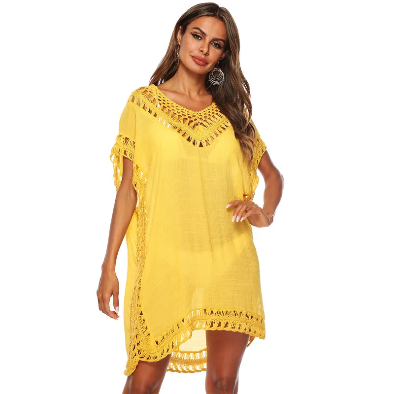 

Women Beach Cover Up Summer Dress Solid Color Hollow Loose Beachwear Tassels Swimwear Bikini Beach Wear Lace Cover Up