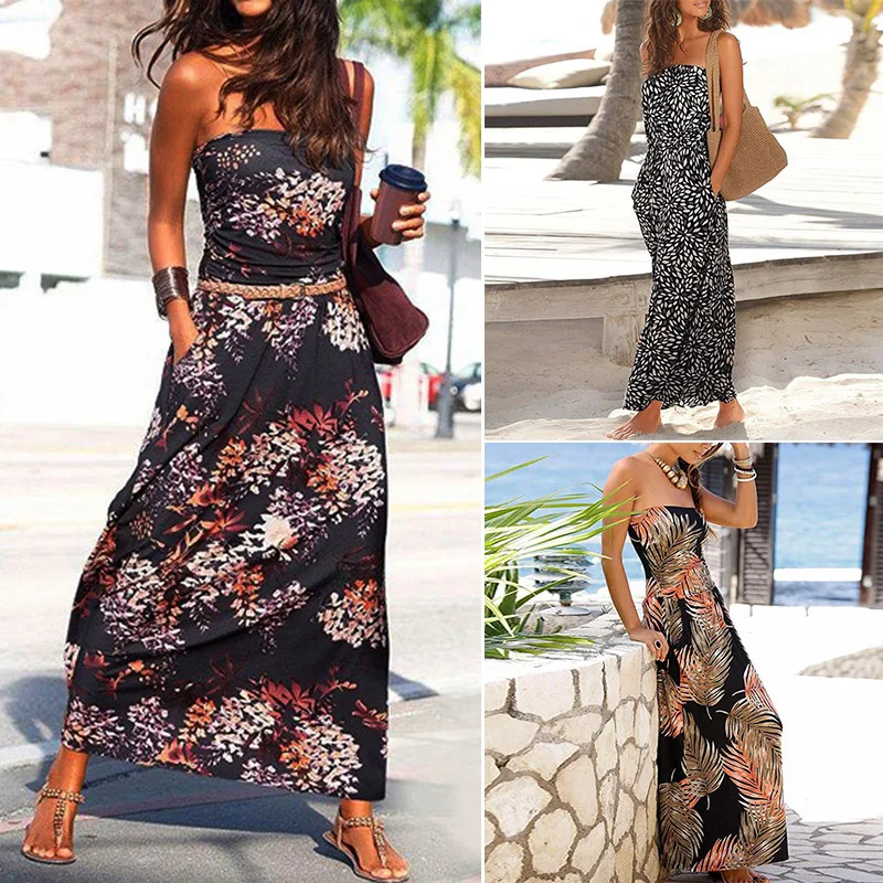 

Women'S Fashion Print Tube Top Sleeveless Shoulder Long Dress